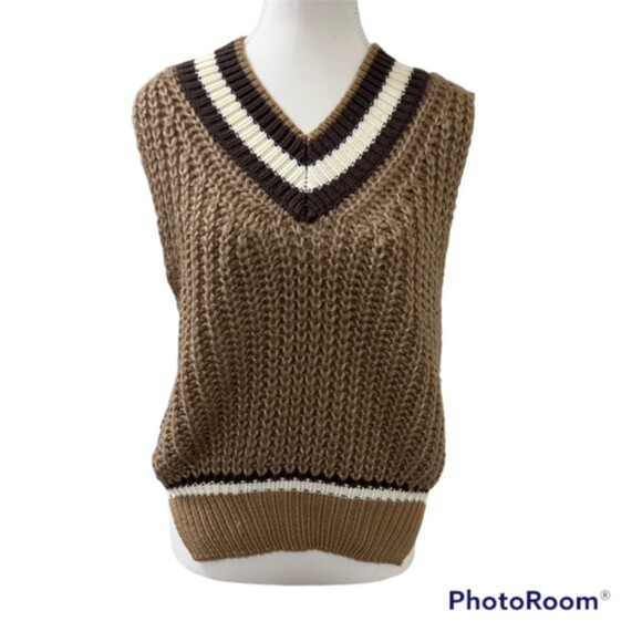 West of Melrose Brown Chunky Knit V-Neck Sweater Vest Side Slit Ribbed Hem Sz SM - Picture 1 of 12